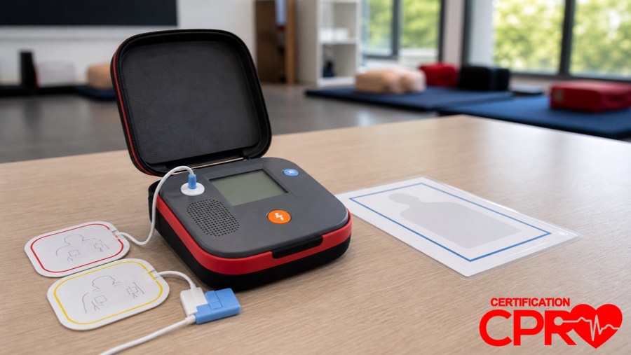 AED trainer and electrode pads for practicing voice prompts in a CPR classroom in Jacksonville.