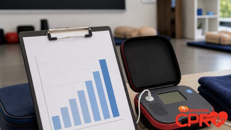 CPR statistics chart with AED trainer in a CPR classroom in Jacksonville.