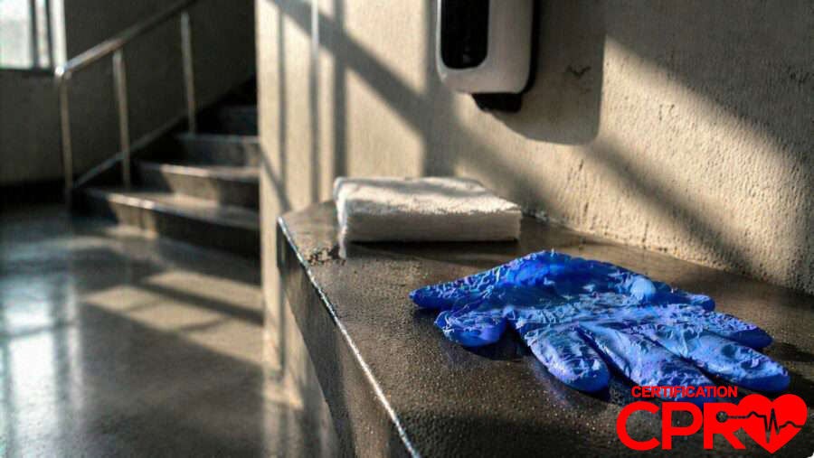 CPR training gloves and mask on a training station in Jacksonville.