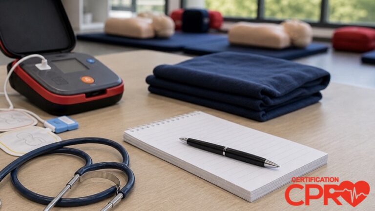 AED trainer, stethoscope, and CPR classroom supplies for an article on heart attack versus cardiac arrest in Jacksonville.