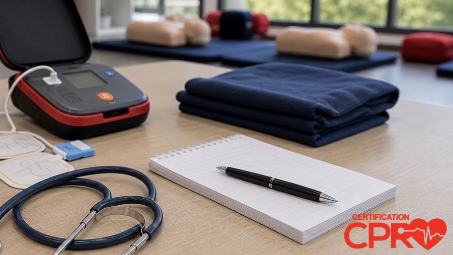 AED trainer, stethoscope, and CPR classroom supplies for an article on heart attack versus cardiac arrest in Jacksonville.