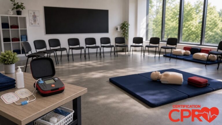 CPR classroom setup for practicing emergency response skills in Jacksonville.