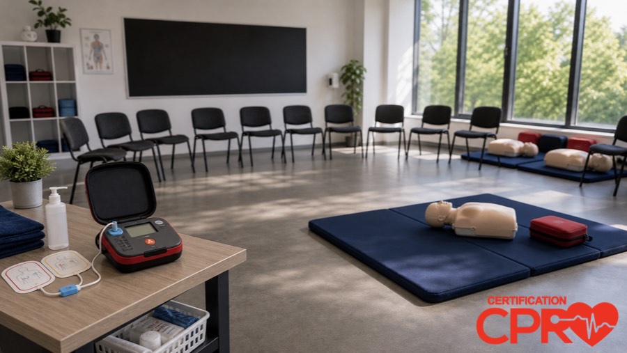 CPR classroom setup for practicing emergency response skills in Jacksonville.