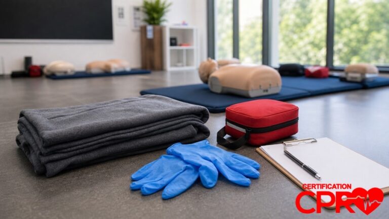 First aid training supplies for practicing seizure response in a CPR classroom in Jacksonville.