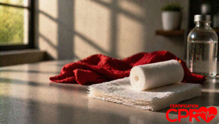 CPR certification training supplies in Jacksonville, including a roll of gauze and first aid essentials.