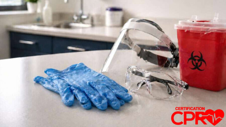 CPR training supplies including gloves, goggles, and biohazard container in Jacksonville.