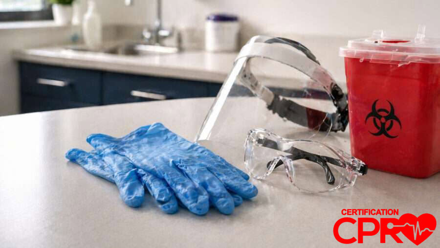 CPR training supplies including gloves, goggles, and biohazard container in Jacksonville.